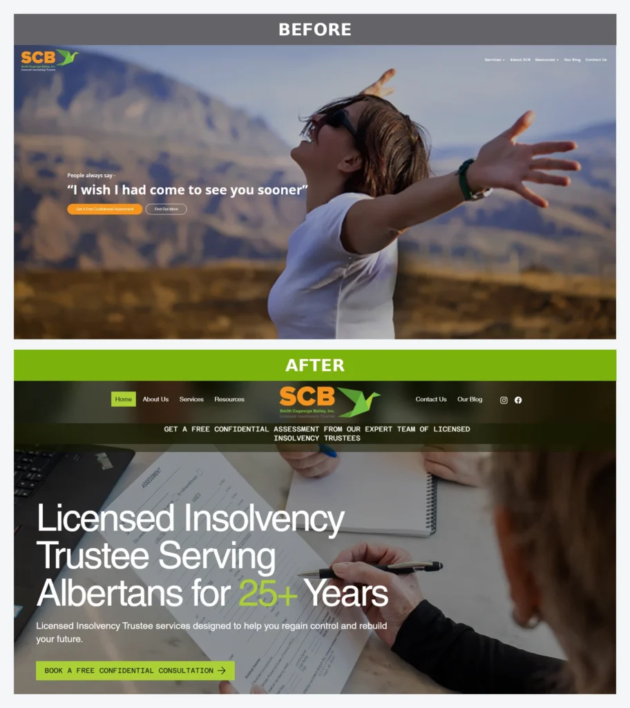 SCB Debt solutions website before after